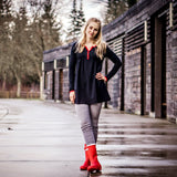 Women’s Black with Red Accents Pleated V Neck Long Sleeve Tunic