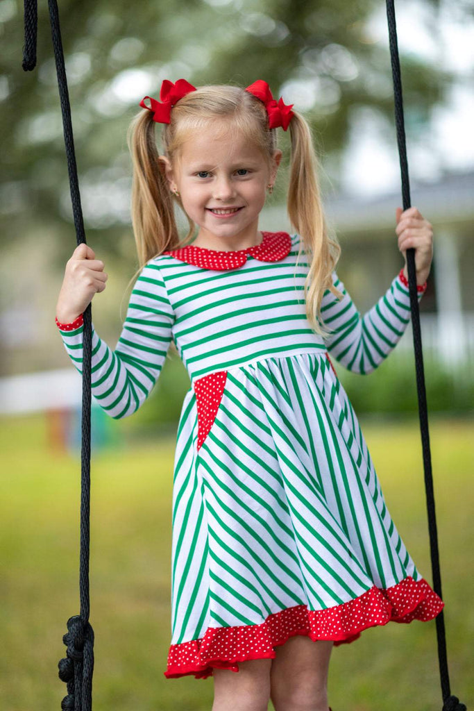 Green Striped Red Dots Long Sleeve Stella Dress