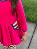 Hot Pink & Fall Rainbow Stripe 3/4 Sleeve Peplum