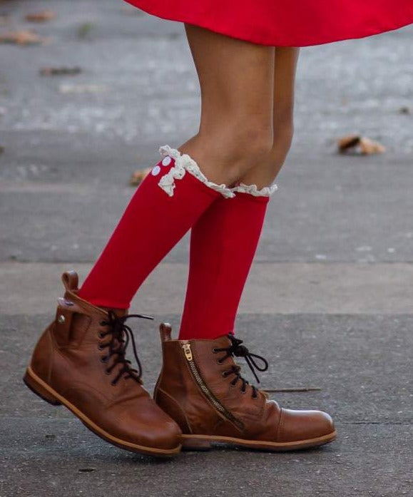 Lace Button Boot Socks - REAL RED OR IVORY