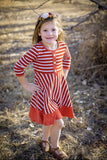 Rust Stripe 3/4 Sleeve Colorblock Dress