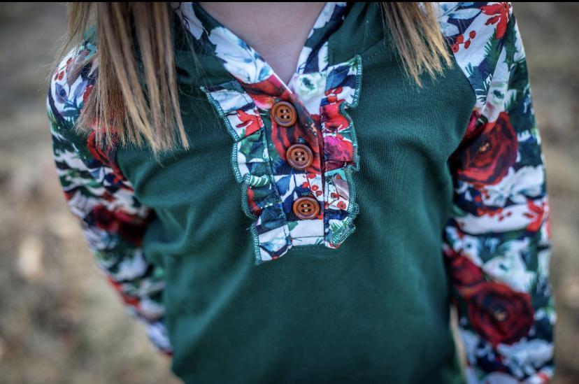 Winter Floral & Emerald Ruffle Chest Hoodie