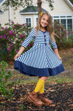Navy Stripe 3/4 Sleeve Colorblock Dress