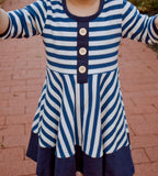 Navy Stripe 3/4 Sleeve Colorblock Dress