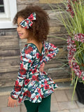 Winter Floral & Emerald Long Sleeve Button Peplum