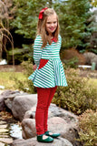 Green Stripe & Red Dot  Stella Collar Long Sleeve Peplum