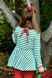 Green Stripe & Red Dot  Stella Collar Long Sleeve Peplum
