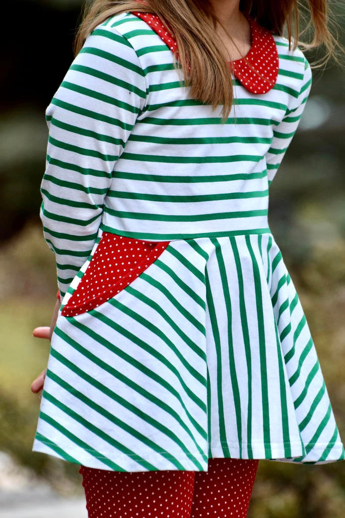 Green Stripe & Red Dot  Stella Collar Long Sleeve Peplum