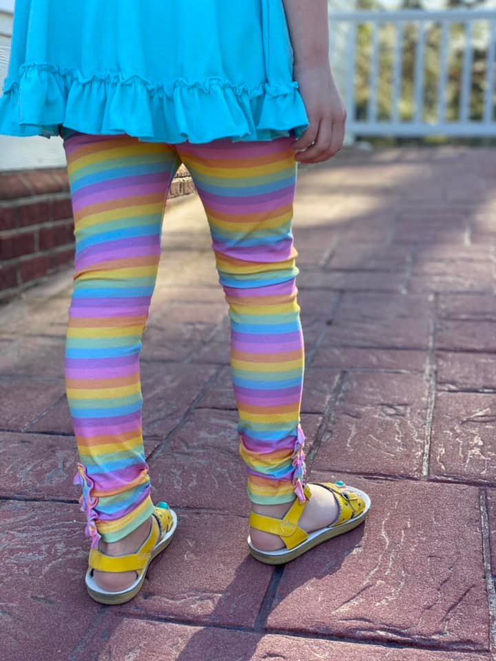Vibrant Pastels Rainbow Stripe Ruffle Button Leggings