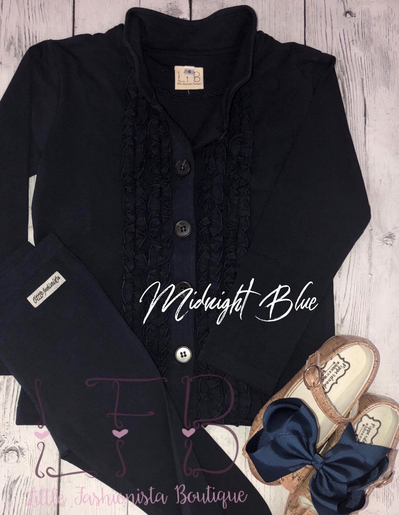 Midnight Blue Mock Neck Ruffle Cardigan - Little Fashionista Boutique